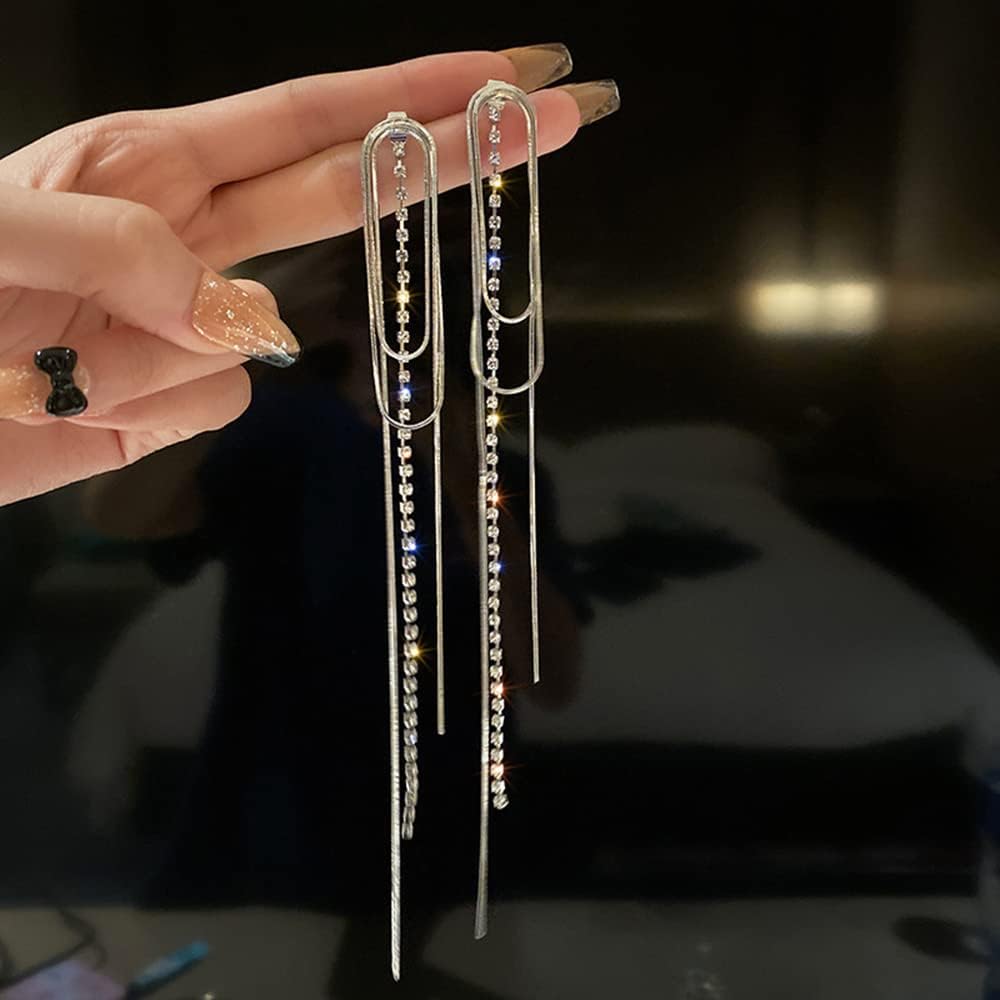 JUMWRIT 925 Sterling Silver Earrings for Women Long Chain Tassel Rhinestone Earrings Dangle Drop Minimalist Earrings for Women - Image 7