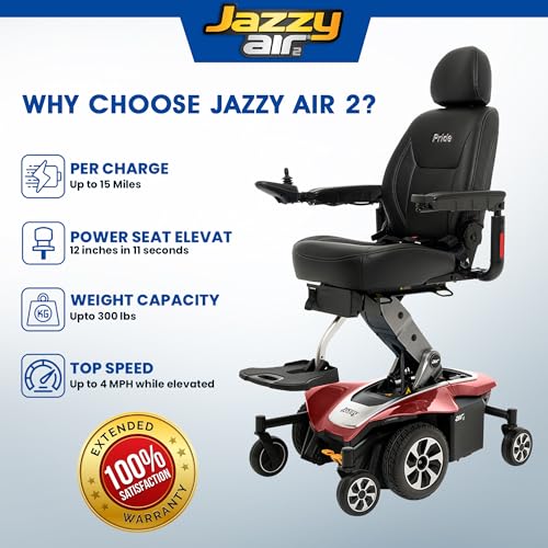 Pride Mobility Jazzy Air 2 Power Wheelchair + Mobility Yours Accessories, Includes Setup and Instruction, Electric Wheelchair for Adults with Elevating Seat, 15 Miles per Charge, LED Lights, Warranty