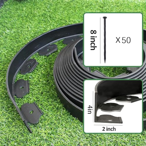 33FT Landscape Edging, 4 Inch Garden Edging Border with 50 Spikes, Flexible Lawn Edging for Landscape, Garden, Flower Beds, Lawn, Yard, Pathway, Paver Edge-Black