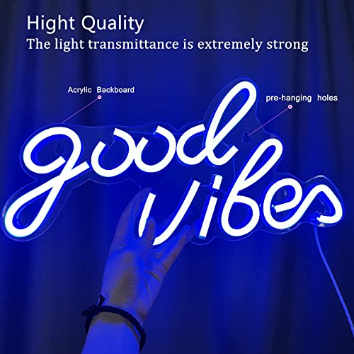 Image of Good Vibes Neon Sign Blue Good Vibes Neon Lights USB Operated Aesthetic LED Signs for Bedroom Wall Decor Birthday Party Wedding Salon Bar Home Girl Cave