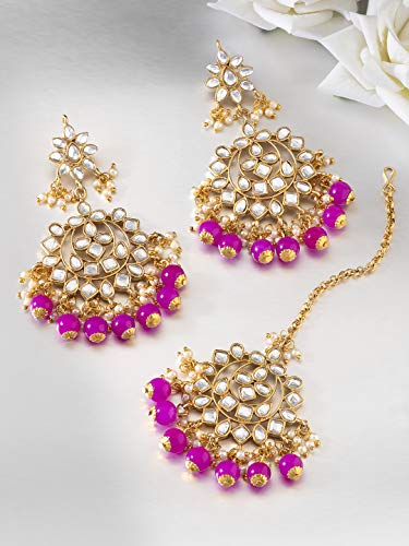Aheli Indian Traditional Bollywood Faux Kundan Pearl Wedding Chandbali Earrings with Maang Tikka Jewelry Set Gift for Women3