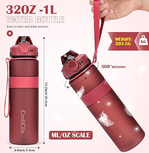 CodiCile Trinkflasche, BPA-frei, 1 Liter Trinkflasche Sport Auslaufsichere, Große Wasserflasche 1L Ideal für Fitnessstudio, Schule, Büro und Reisen (Rot)