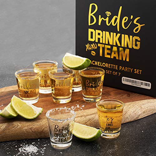 Bridesmaid Gifts - Set Of 7, Bride's Drinking Team Shot Glasses - 1.5 Oz, Pack Of 6 Bride's Drinking Team Member + 1 Bride's Drinking Team Captain - Bachelorette Party Favors - Gold Foil Print #TOP4