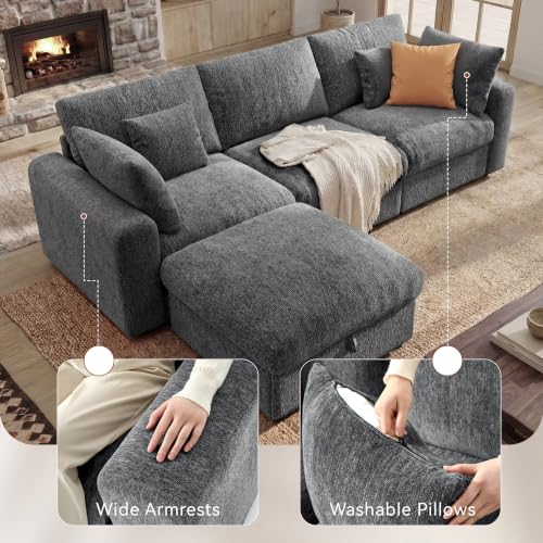 Image of Ihanherry Cloud Sectional Couches for Living Room, 110 inch Large Modular Sectional Sofa with Wide Deep Seat, L Shaped Couch with Throw Pillow and Storage Ottoman, Dark Grey