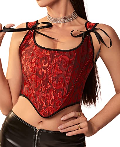 Image of Dreay Womens Vintage Asymmetrical Hem Overbust Corset Tie Front Lace-up Back Bustier Shapewear Top