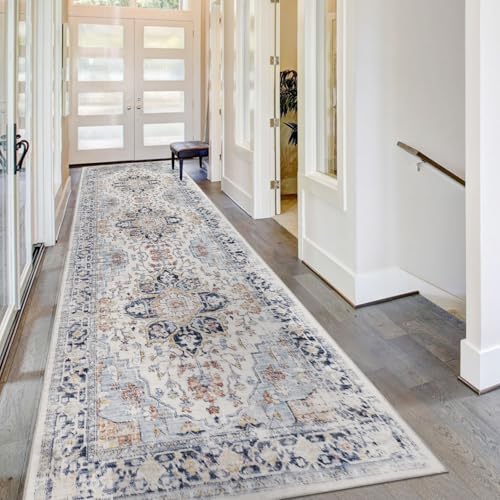 Homcomodar Distressed Läufer Teppich für Flur 80x300cm Vintage Flur Runner Teppiche Waschbare Boho Kitchen Runner Teppiche für Entryway Wäsche Daneben(Blau)