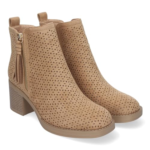 shoes&blues.es 83818 Botines de Mujer Primavera Verano Elegantes y Comodos con Tacon Ancho, Diseno Perforado con Doble Cremallera Lateral con Fleco, Ideal para Cualquier Ocasion. Taupe Talla 38
