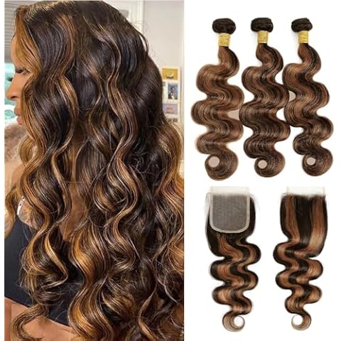 3 Bundles and 4x4 HD Closure Human Hair Body Wave 20 22 24+20 In, Highlight Ombre Brown 10A #1b/30 Color Black Hair with Brown Highlights Soft Glossy Sew In Bundles Plus Closure with Baby Hair Cover