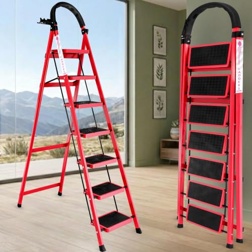 Image of Casa Copenhagen Red 7 Step Ladder for Home Use with Built-in Tool Tray | Heavy Duty D Shape Rods | Ultra Large Platform | Wide Rubber Feet | 150Kg Capacity Foldable Ladder - 7 Years Warranty