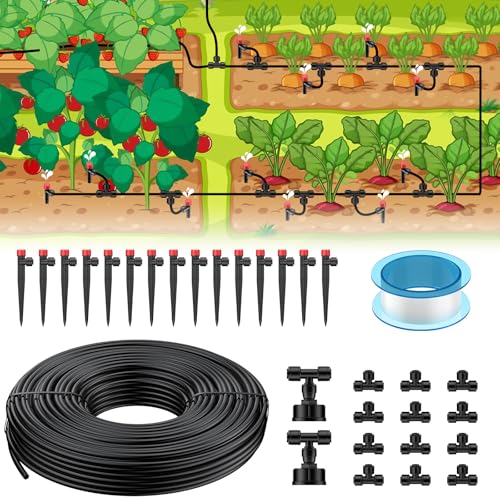 Pawfly Kit d'irrigation goutte à goutte 15 m, Système rapide à connecter avec tuyaux 4-6 mm, émetteurs et accessoires, Arrosage pour serre pelouse terrasse...