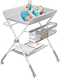Luteti Baby Portable Diaper Changing Table, Foldable Changing Table for Baby with Wheels, Baby Diaper Changing Station with 3-Level Adjustable Height, Portable Changing Table with Large Organizers Grey