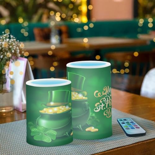 Image of ALAZA St Patricks Day Flickering Flameless Candles Battery Operated with Remote Timer,Tea Light Candles LED Pillar Votive Candles Set of 2 for Outdoor Indoor Decorations