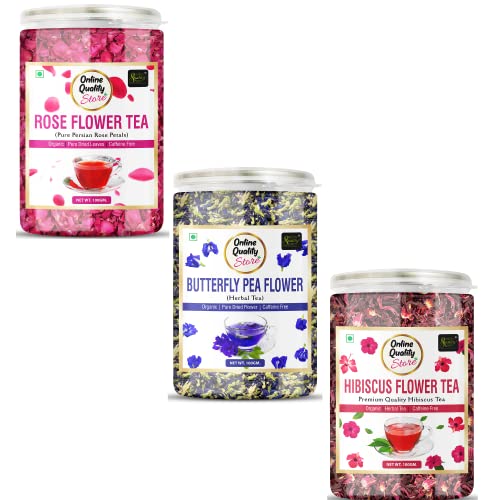 Image of Online Quality Store Natural Hibiscus Flower Tea, Butterfly Pea, Rose Combo - 300g (100g x 3 Pack) | Caffeine Free Herbal Tea | Reduce Stress