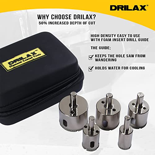 Drilax Diamond Hole Saw Set 3/4 Inch, 1 Inch, 1-1/4, 1-1/2, 1-3/4 Inch Extra Long Cuts With Insert Guide Included 5 Pcs Diamond Drill Bit Tile Ceramic Porcelain Glass Granite Quartz #TOP2
