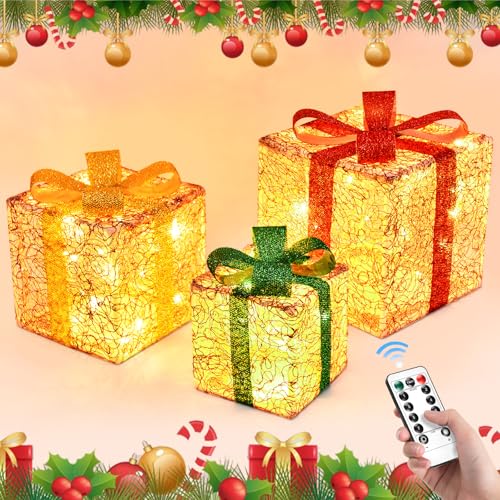 JONRRYIN Conjunto de 3 caixas de presente LED, caixas de presente de Natal com 50 LEDs, 8 modos de iluminação, função temporizador, caixas de presente luz iluminada para árvore de Natal (3KIT)