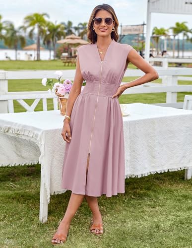 Image of GRACE KARIN Womens Summer Casual Dress, Business Office Work Dresses, Cap Sleeve Zipper Front Flowy Midi Dress with Pockets