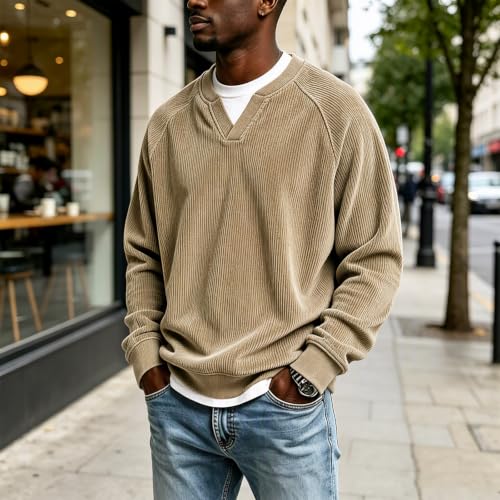 moolBeko Corduroy Shirt Men Layered Long Sleeve Shirt V Neck T Shirt - image 2