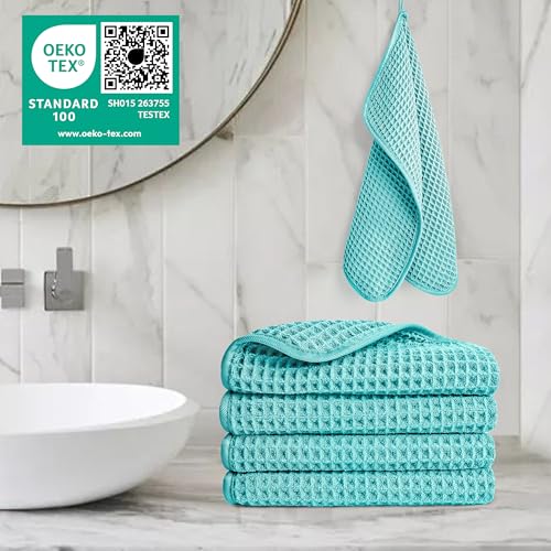 Image of POLYTE 430 GSM Microfiber Lint Free Washcloth Face Towel, 13 x 13 in, 4 Pack (Waffle Weave)