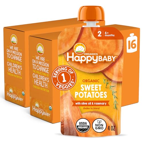 Happy Baby Organics Savory Blends Stage 2 Baby Food Sweet Potatoes with Olive Oil + Rosemary 4 Ounce Pouch (Pack of 16)