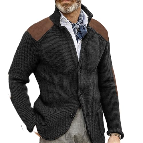 Mens Cardigan Sweater with Elbow Patches Stand Collar Button Down Winter Chunky Warm Knit Sweaters