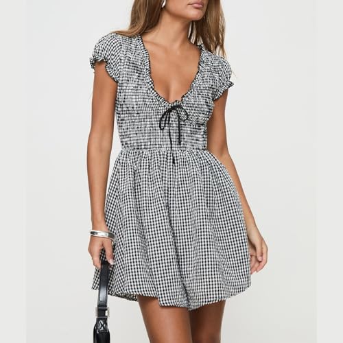 Image of Women Cute Babydoll Dress Romper Plaid V Neck Smocked Flowy Mini Romper Dress Gingham Ruffle Cap Sleeve Short Sundress
