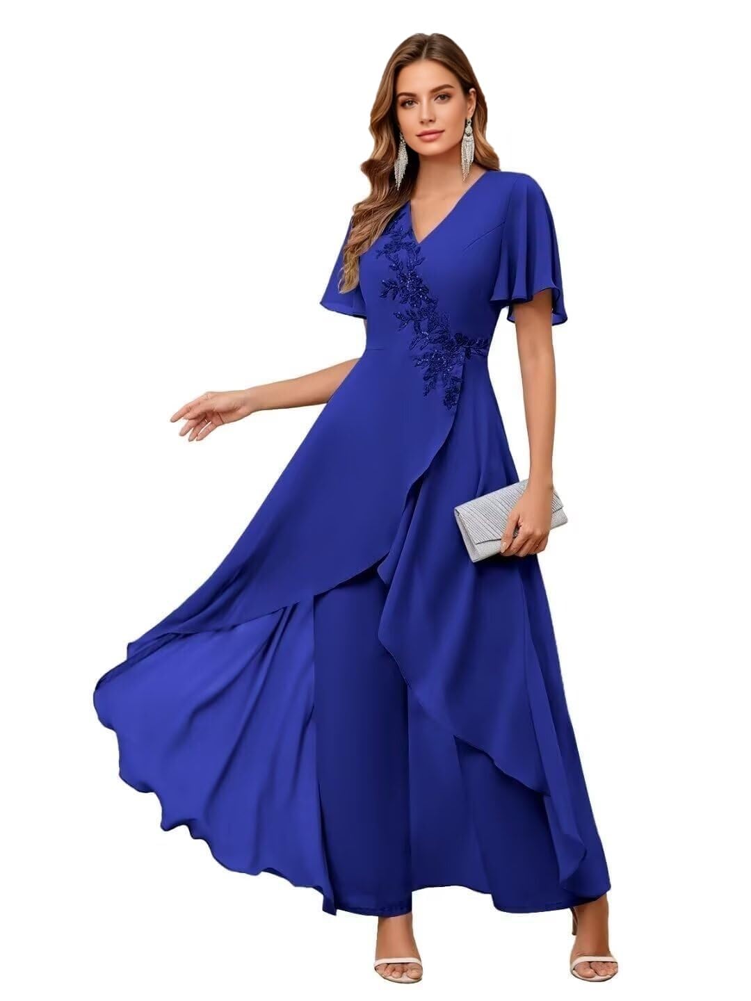 2 pezzi chiffon madre della sposa pantaloni abiti per matrimonio abiti da ospite maniche corte abito formale donna tuta