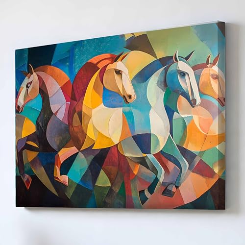 Image of Abstract Running Horses Vastu Stretched Canvas Painting For Living Room Vastu Horse Wall Art Painting Symbol of Energy, Progress & Harmony Wall Art for Home & Office, 12x16 Inch