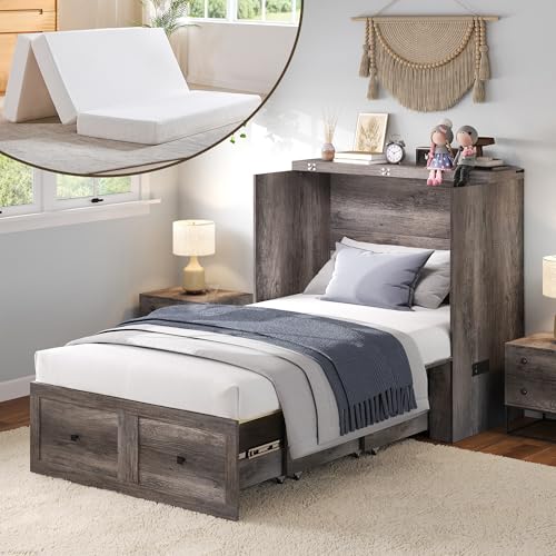 Image of LUXOAK Twin Murphy Bed with 6 inch Tri-Fold Memory Foam Mattress, Storage Drawer & Charging Station, Space-Saving Design for Home Office or Guest Room, Rustic Grey