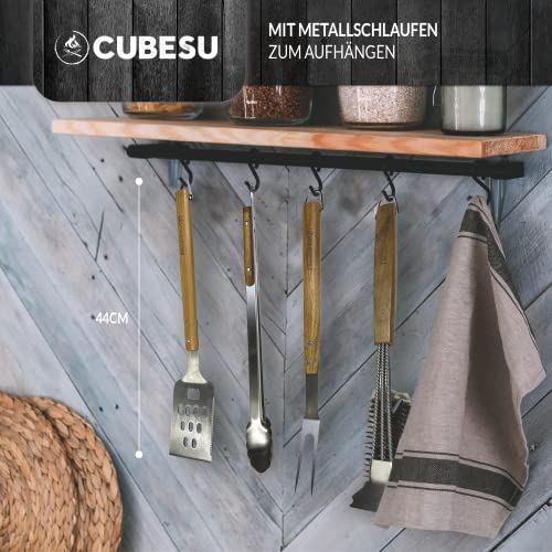Foto von Cubesu Grillbesteck 4er Set aus rostfreiem Edelstahl & Akazienholz - Grillspachtel mit Flaschenöffner & Sägeblatt, Grillzange, Grillbürste, Grillgabel