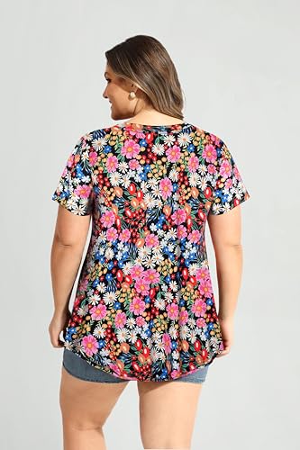 Image of RITERA Women Plus Size Tops Tie Dye V Neck Shirt Floral Camo Summer Short Sleeve Tunic Oversized Ladies Blouse XL-5XL