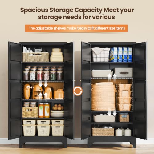 Image of Yizosh Metal Storage Cabinet with 2 Doors and 4 Adjustable Shelves - 71 inch Black Kitchen Pantry Storage Cabinet,4-Tier Tall Steel Cabinet Locker for Living Room,Dining Room,Kitchen
