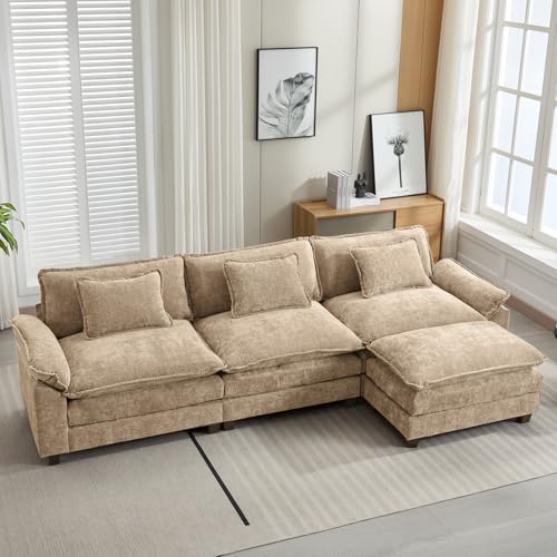 Image of Oprisen 120 inch Modular Sectional Sofa, Comfy Cloud Couch Sectional Sofa with Ottoman, Chenille Sofa Sleeper Deep Seat Sofa with Throw Pillows for Living Room (Khaki, 120 inch- L Shape)