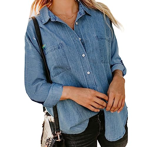 Denim Shirt for Women Fall Fashion Casual Lightweight Jean Jacket Plus Size Long Sleeve Cardigan Trendy Fall Outfits