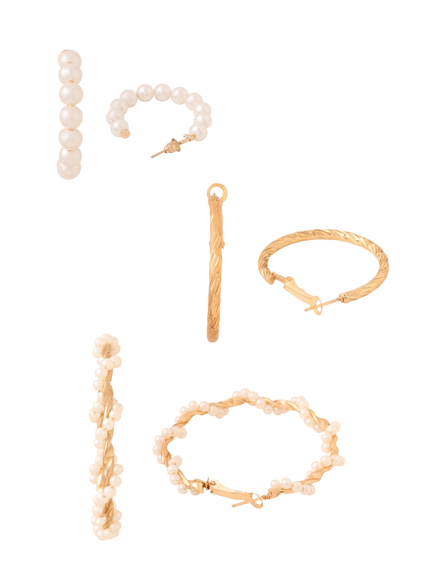 Yellow Chimes Combo of 6 Pairs Crystal Pearl Gold Plated Stud Hoop Earrings Set for Women and Girls, gold, white (YCFJER-STUDHOOP-GL) 4