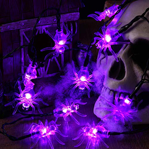 Cadena de luces para Halloween con arañas en color púrpura – 3.3M 30 LED - funciona con pilas AA