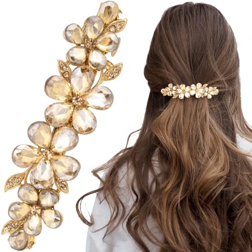 Joez Wonderful Rhinestone Hair Clips Bridal Hair Accessories for Women Sparkly Crystal Hair Pins Fancy Hair Barrettes for Wedding Bride Long Hair (Champagne Flower 1 Pcs)