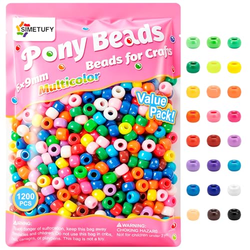 Simetufy 1200 Pcs Pony Beads for Bracelet Making Multi-Colored 6x9mm Plastic Kandi Beads for Hair Braiding DIY Crafts Kandi Jewelry Key Chains Ornaments Decorations 24 Assorted Colors