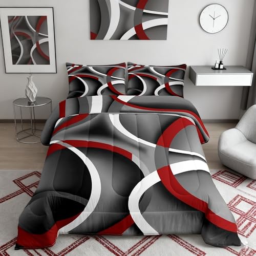 Stripes Comforter Set Queen Kids Teens Gray Black Red Swirls Room Decor Abstract Stripes Circle Bedding Set,Soft Lightweight Modern Simple Style Duvet,Youth Young Man Quilt,1 Comforter + 2 Pillowcase