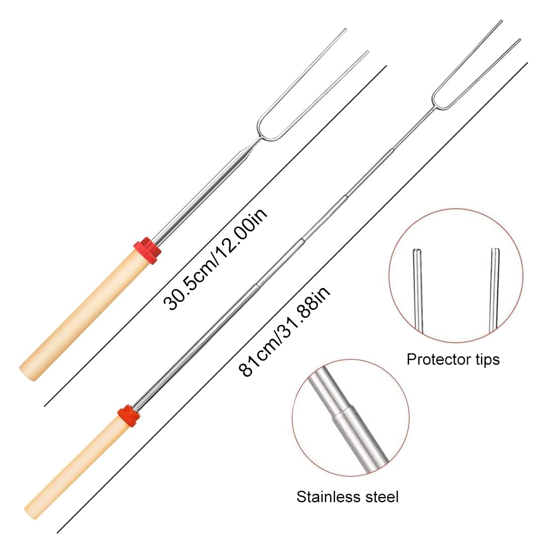 WeddHuis 4 Pezzi Spiedini da Grill Telescopici per Marshmallow, Bastoncini da Arrosto, Forchette da Campeggio, Spiedini da Fuoco in Acciaio Inox (Estensibili 31-81cm)