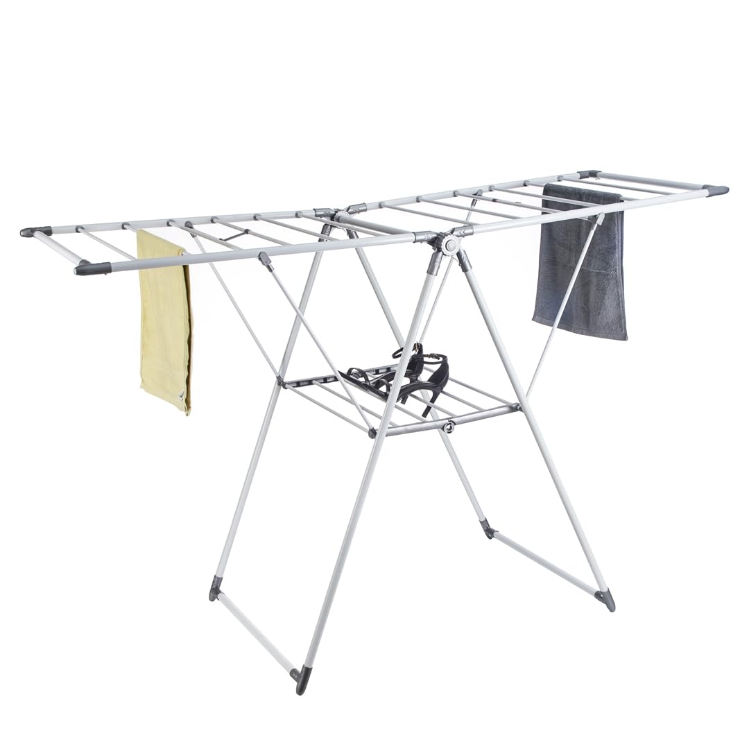 HOUSZY 2-Tier Folding Clothes Drying Rack with 21 Rails – Indoor & Outdoor Aluminium Laundry Airer with Adjustable Winged Arms – Compact Clothes Drying Stand for Sheets, Towels, Garments & Shoes