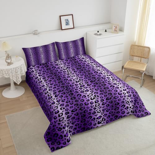 Image of Feelyou Purple Black Cheetah Comforter Set Queen Size, Boys Girls Leopard Bedding Set Safari Animal Fur Print Comforter Toddler Wildlife Duvet Set Bed Set 3Pcs