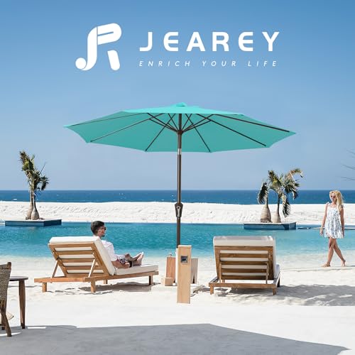 Image of JEAREY 9FT Outdoor Patio Umbrella Outdoor Table Umbrella with Push Button Tilt and Crank, Market Umbrella 8 Sturdy Ribs UV Protection Waterproof for Garden, Deck, Backyard, Pool (Peacock Blue)