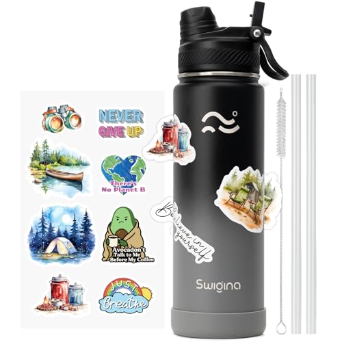 Image of Swigina [2-IN-1 LID] Insulated Water Bottle with Silicone Boot (36hrs Cold /18hrs Hot) - DIY Stickers, Leakproof, BPA Free, 24 oz