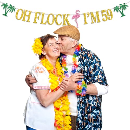 Image of Oh Flock I'm 59 Banner, Glitter Happy 59th Birthday Anniversary Party Decorations, Pineapple Party Decor, Hawaiian Luau Tropical Aloha 59 Theme Party Photo Props