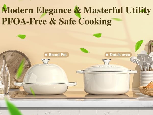 Enameled Round Cast Iron Bread Oven, 6 Qt Cast Iron Dutch Oven for Homemade Sourdough Bread Baking, Bread Pot with Dome Lid & Cotton Potholders (Cream White) - Image 2