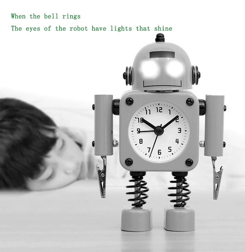 Zegar nocny, budzik, Robot Mały budzik Zasilany bateryjnie Zegar studencki Metalowa obudowa Cichy, nie tykający dźwięk Kreatywne biurko Mały zegar na biurko Ozdoby (czerwony) (Color : Bianco)