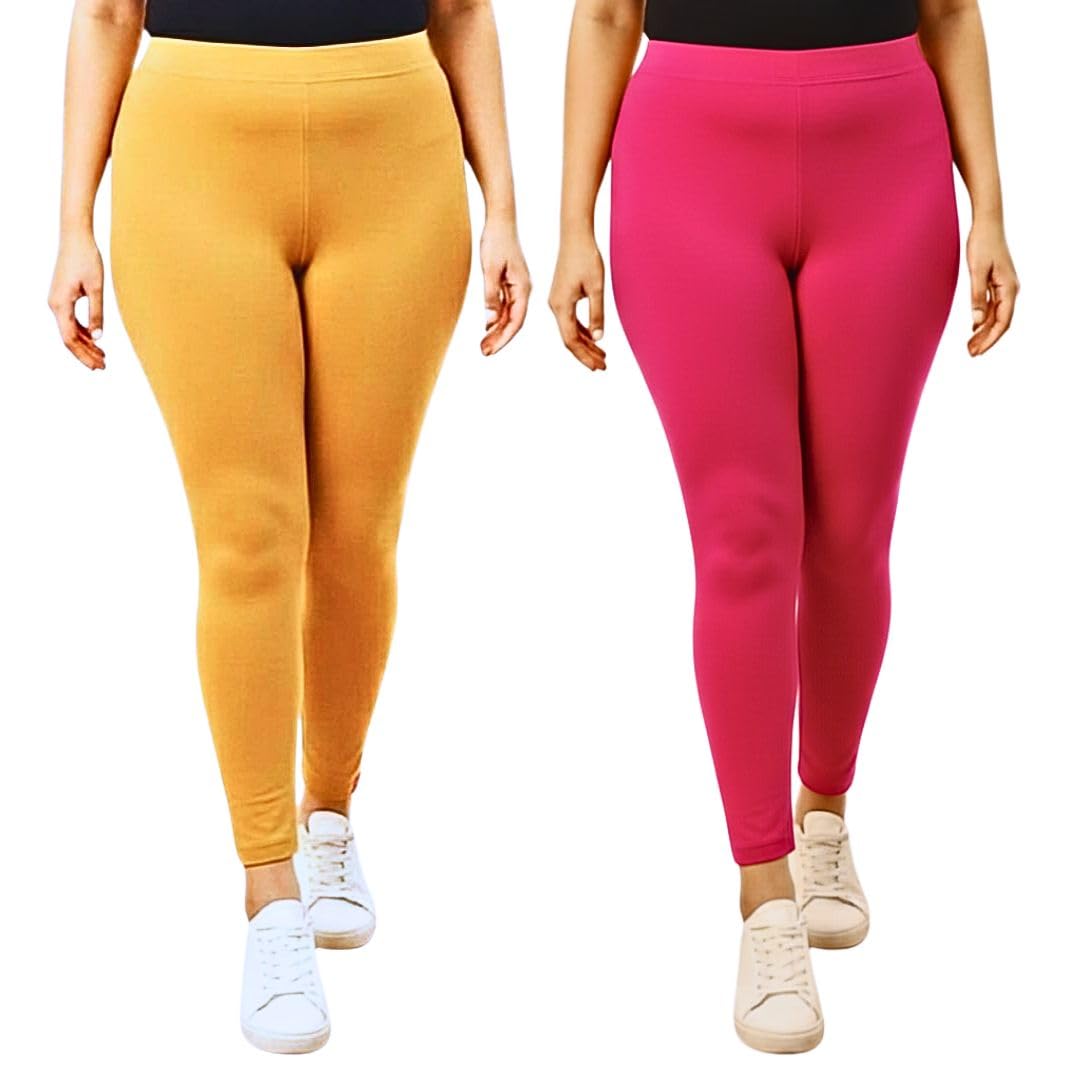 d2a Women's Premium Ankle Length Leggings Combo (Set of 2) – High-Rise Comfortable Leggings in Beige and Rani Pink – Perfect for Office, Gym-picture-18