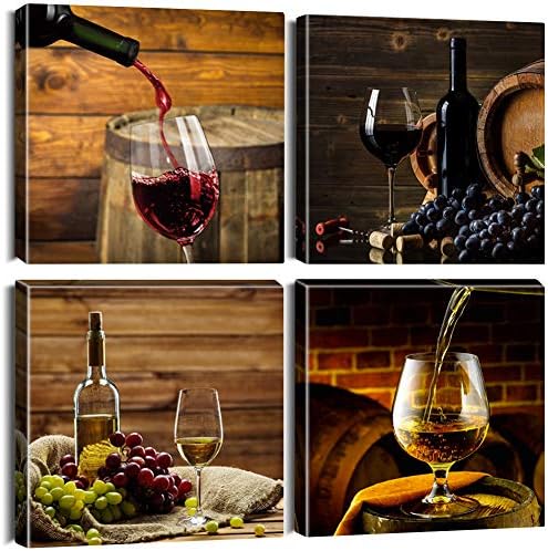 Artscope 4 Pieces Canvas Prints Wall Art - Romantic Wine Picture Painting- Modern Wall Artwork Framed for Bathroom Home Office Decor - 12 x 12 Inch