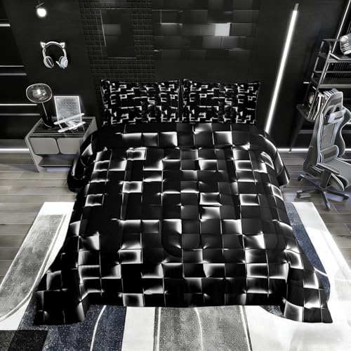 Image of Erosebridal Geometric Checkered Comforter Full Size Neon Black White Comforter Set for Kids Teen Men Gamer Room Decor,Abstract Ombre Plaid Bedding Set Grids Quilt Duvet