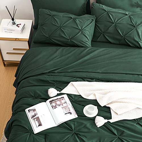 Ubauba 7pc King Size Comforter Set with Sheets Dark Green, Emerald 7 Pieces Pinch Pleat Bed in a Bag, All Season Hunter Green Beddings Set with Comforters (Green,King)